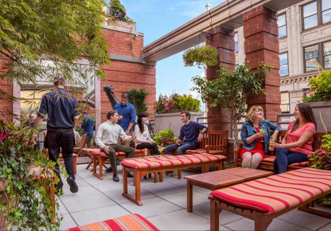 people mingling and enjoying cocktails in the rooftop garden