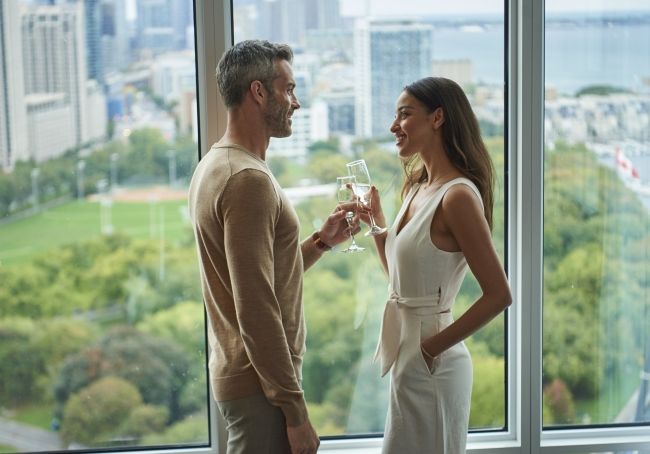 Couple toasting in guest room at Hotel X Toronto
